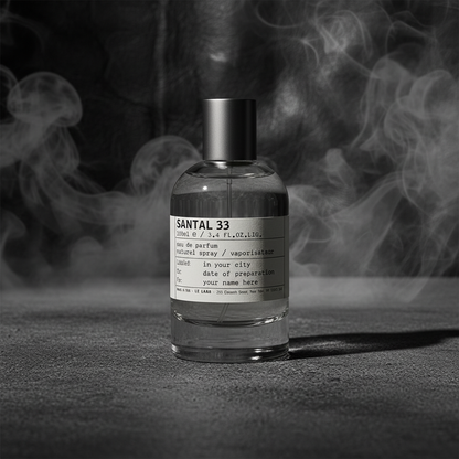 Le Labo Santal 33 bottle on dark concrete with dramatic side lighting and smoke